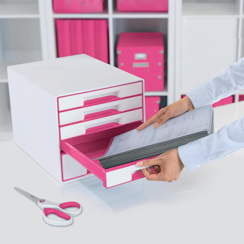 Leitz CUBE Schubladenbox mit 5 Schubladen, Weiss/Pink, A4, Inkl. transparentem Schubladeneinsatz, WO