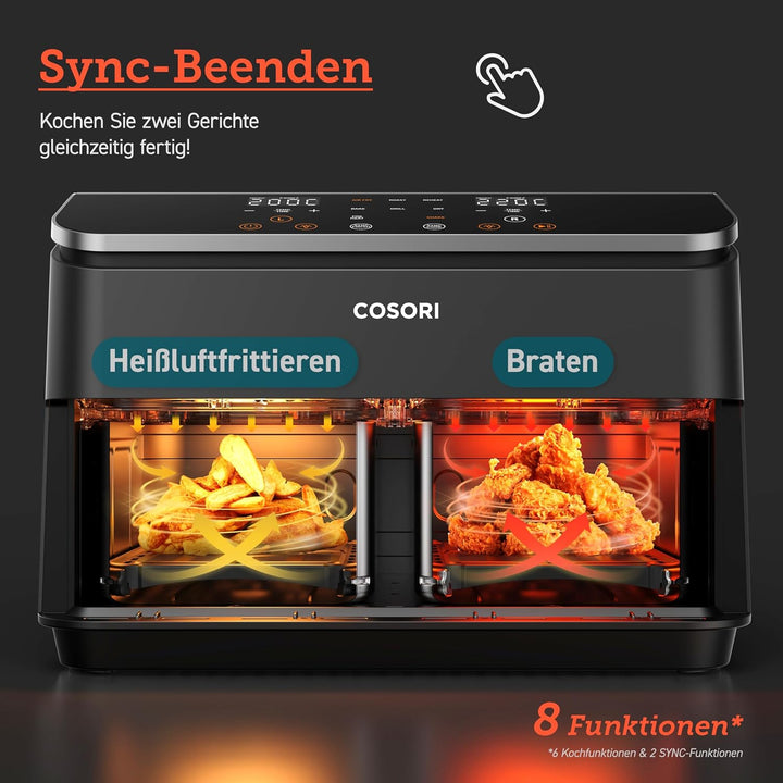 COSORI Heissluftfritteuse 2 Kammern Airfryer, 8-in-1 Dual Zone Air Fryer XXL 8,5 L, Heissluftfritteu
