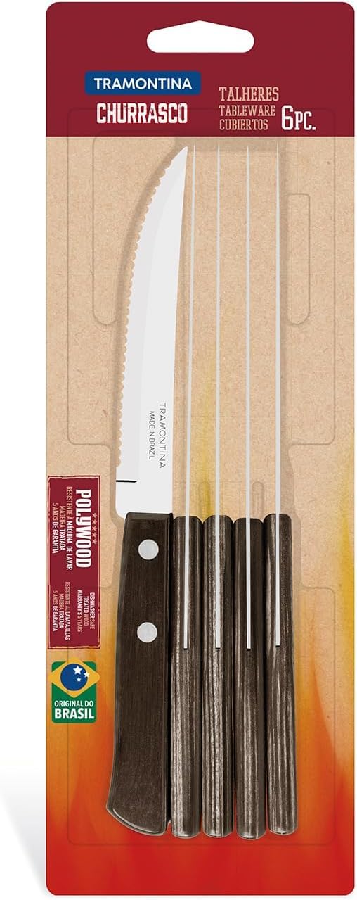 Tramontina Steakmesser Pizzamesser, Set 6-teilig, mit 6 Steakmessern aus Edelstahl, Echtholzgriff br