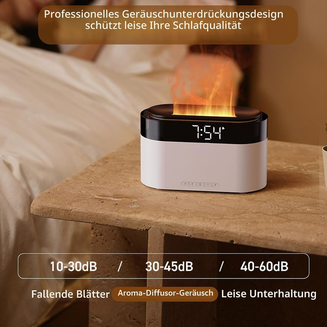 Flammen Aroma Diffuser mit Lichtwecker,Diffuser Ätherische Öle mit Fernbedienung,Wecker mit Licht,Lu