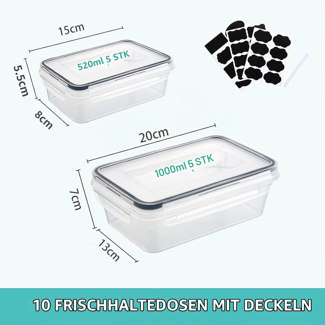 10 Frischhaltedosen mit Deckel (5x1L + 5x520ml), Gefrierdosen &amp; Meal Prep Boxen, BPA-frei, luftdicht