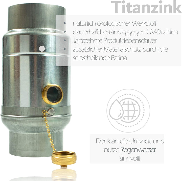 Zink Regenwassersammler 100 mm mit Schlauch- und Fassanschluss für das Fallrohr, Titanzink Regensamm