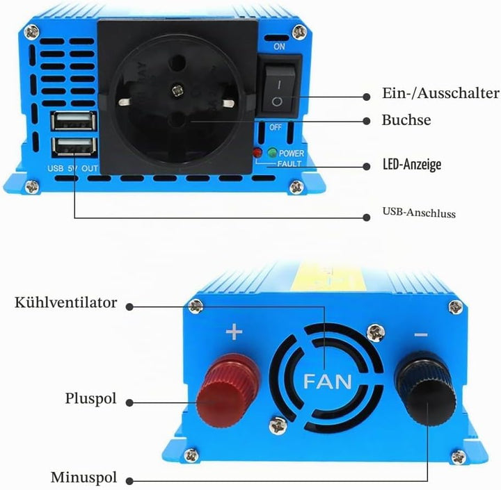 LVYUAN 400W/800W Reiner Sinus-Wechselrichter DC 12V auf 230V AC Spannungswandler mit 1 EU AC Steckdo