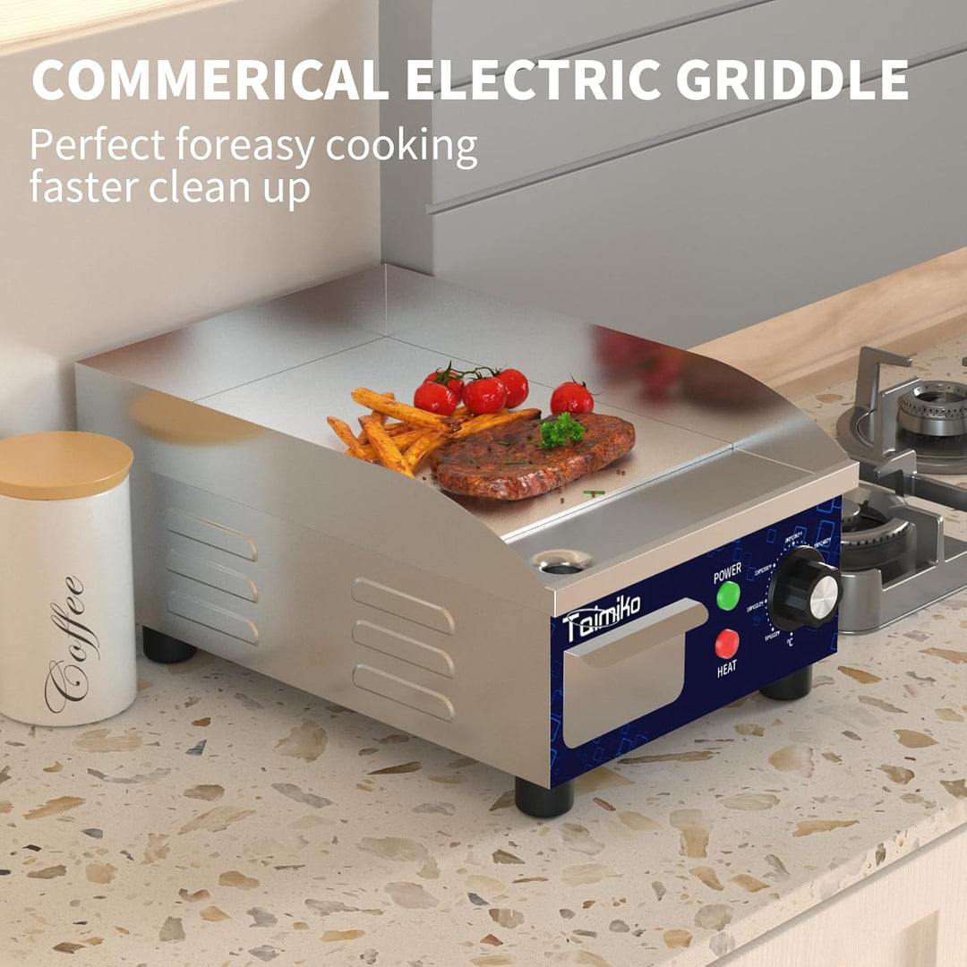 TAIMIKO Elektrische Grillplatte glatt 1700 W Elektro-Grillplatte Edelstahl Gusseisen Gastro Griddlep