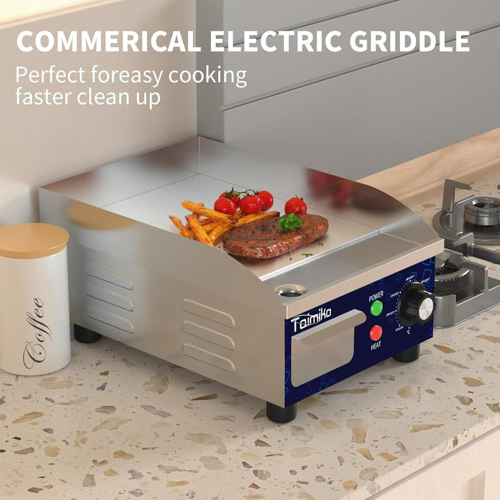 TAIMIKO Elektrische Grillplatte glatt 1700 W Elektro-Grillplatte Edelstahl Gusseisen Gastro Griddlep