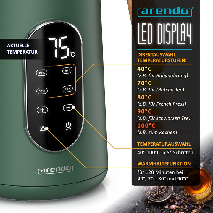 Arendo - Edelstahl Wasserkocher mit Temperatureinstellung 40-100°C - Doppelwand Design Cool Touch -