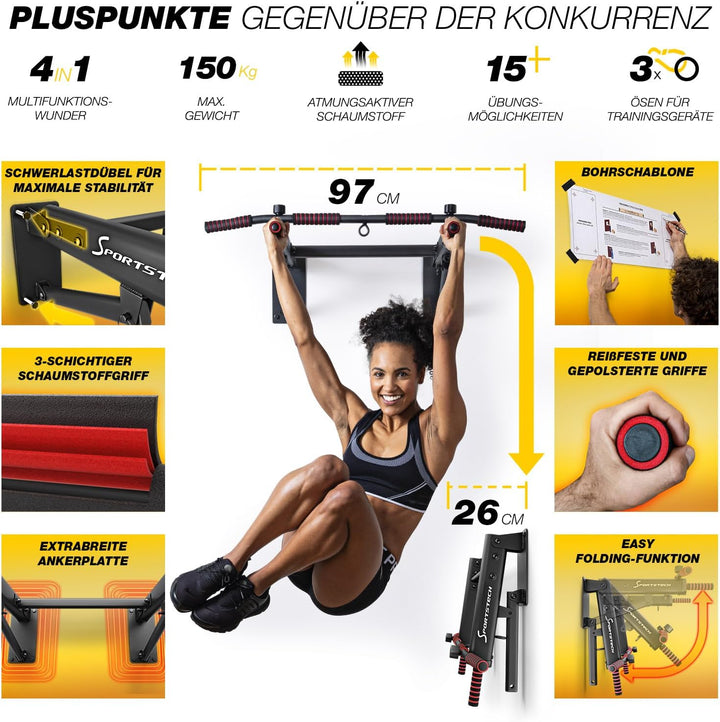 Sportstech Innovative 4in1 Klimmzugstange zur Wandmontage | neuartig platzsparend klappbar | 3 Multi