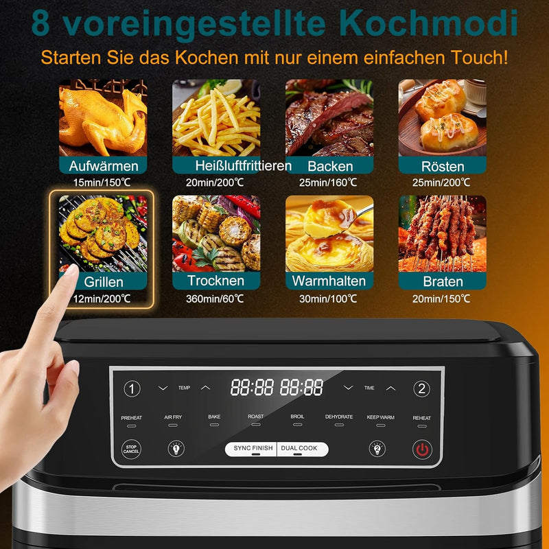 Heissluftfritteuse 2 Kammern mit Sichtfenster, 10L XXL Kapazität Doppel-Airfryer, 8-in-1 Kochvorgabe