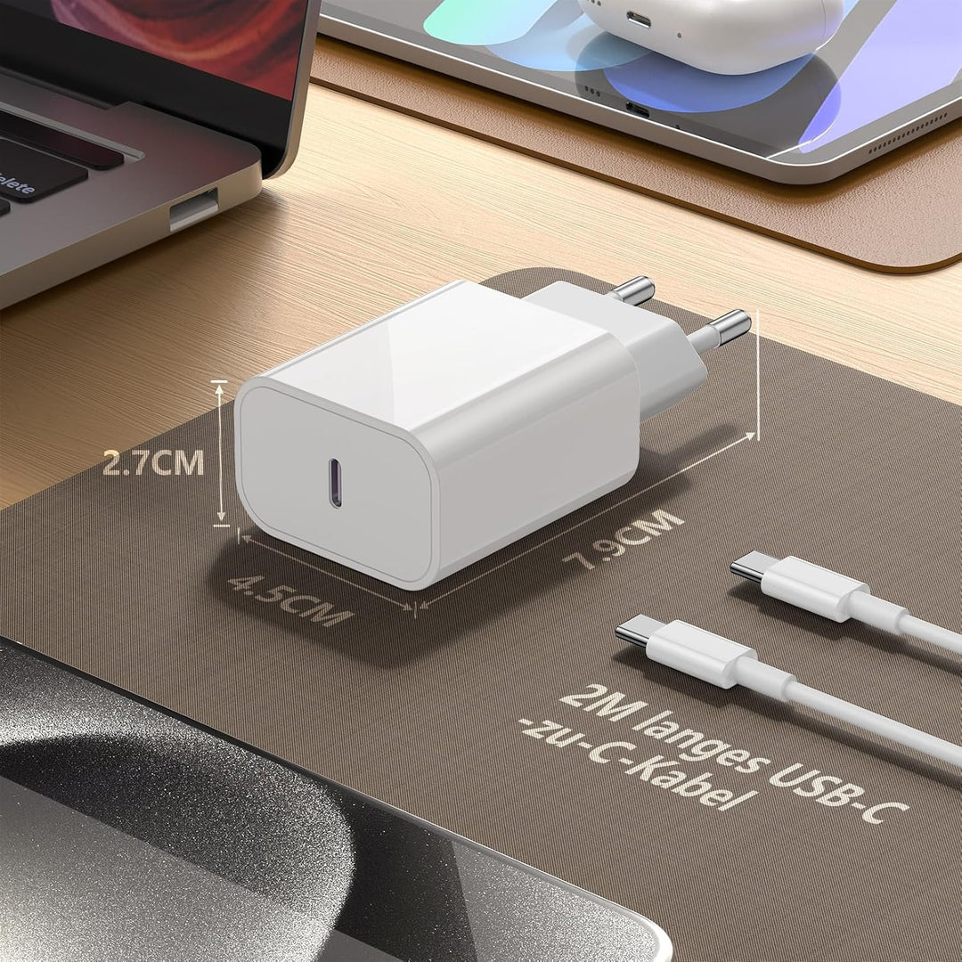 2Pack iPhone 17 16 15 Ladegerät mit Ladekabel, 20W USBC Schnellladegerät Original mit USB C Kabel 2m