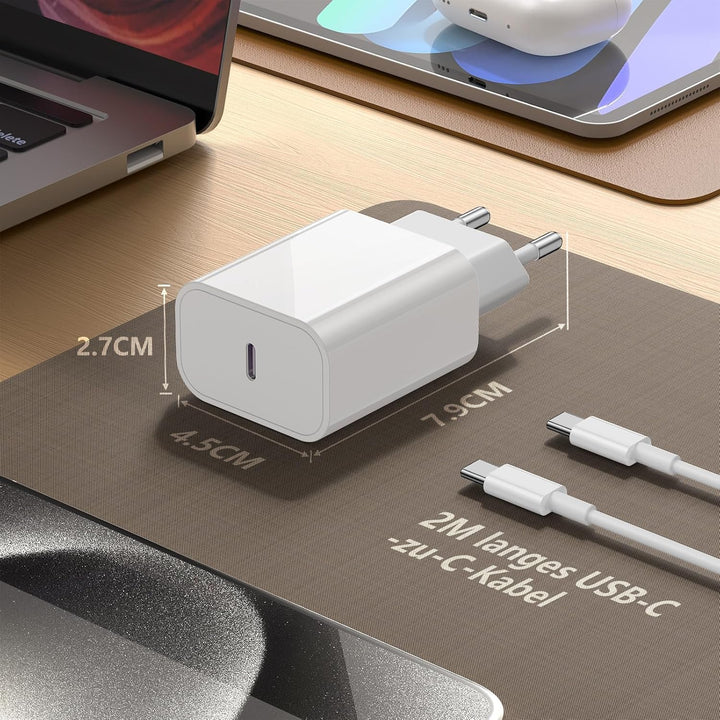 2Pack iPhone 17 16 15 Ladegerät mit Ladekabel, 20W USBC Schnellladegerät Original mit USB C Kabel 2m