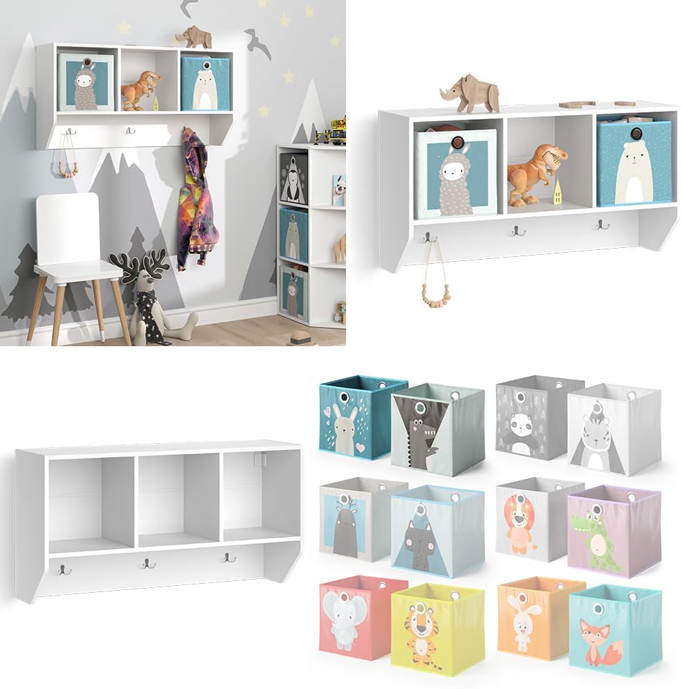 Vicco Wandregal für das Kinderzimmer Luigi, Weiss, 107 x 56 cm mit 2 Faltboxen Opt.2 Regal 107x56 cm