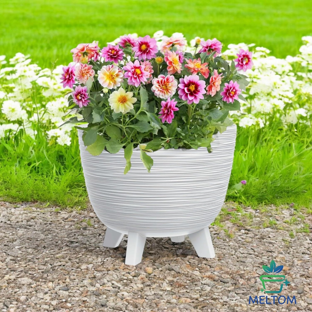 MELTOM Blumentopf mit Füssen aus Kunststoff Schale Rund Kräutertopf 3D Rillen (Weiss, M-29cm) M-29cm