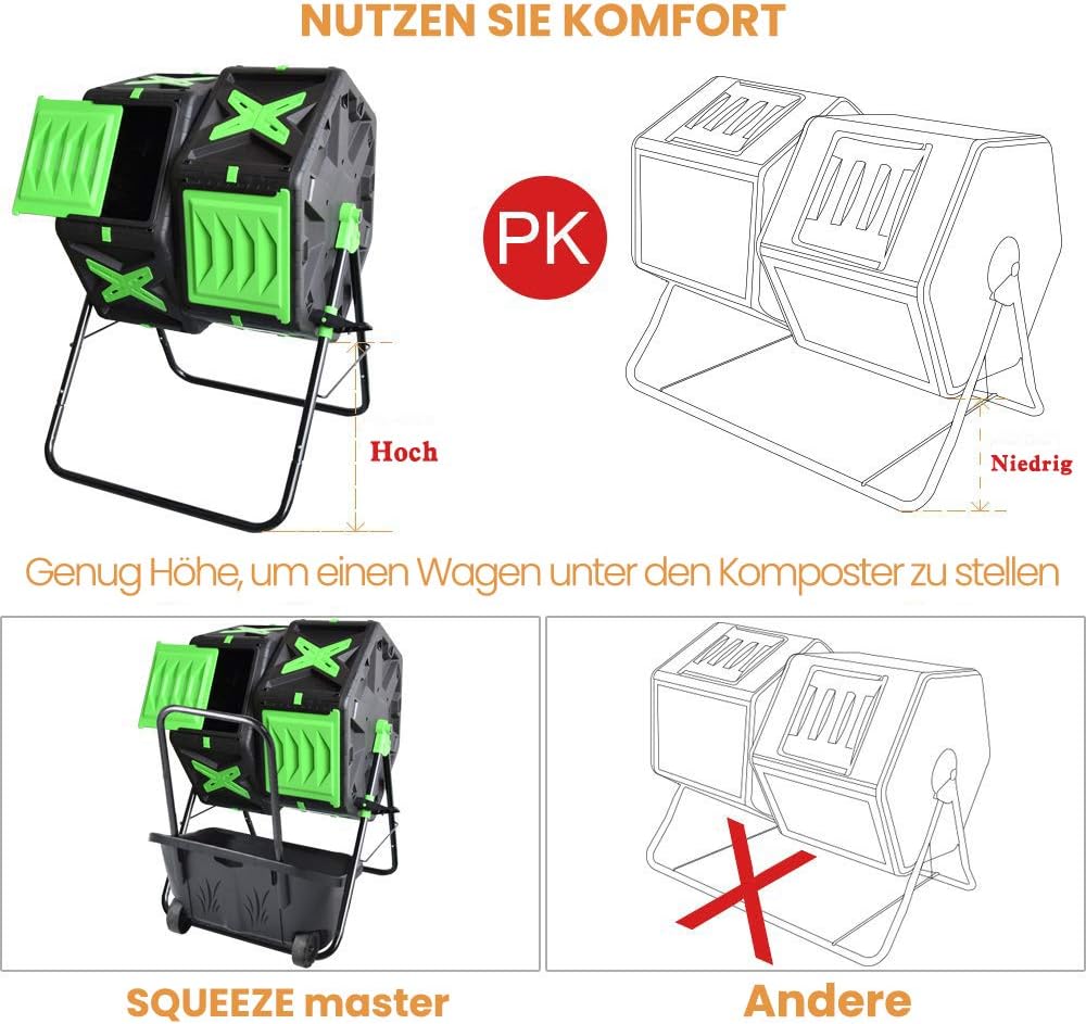 Tumbling-Komposterbin, Doppelkammerkompost Tumbler mit Easy-Turn, schnell arbeitendes System für Gar