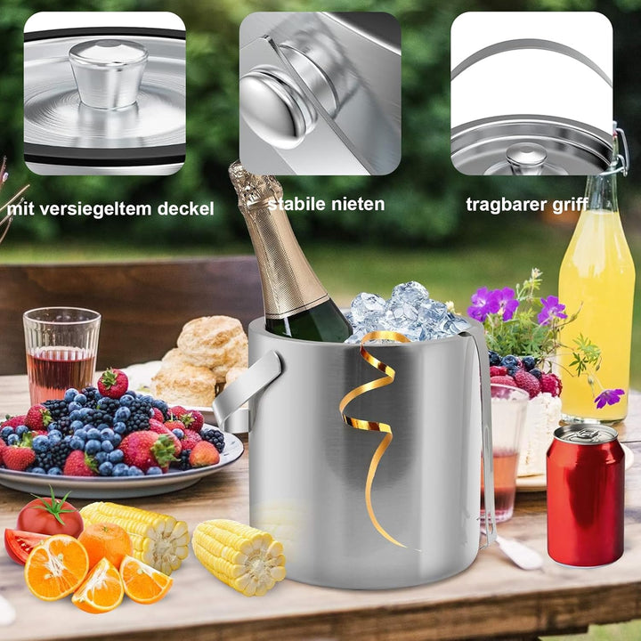 Eiswürfelbehälter, Eisbehälter rund mit Sieb und Eiszange, 2L Eiswürfelbehälte, Edelstahl Eisbehälte