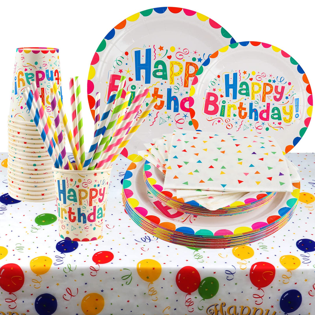 101PCS Geburstag Partygeschirr Pappteller Set Bunte Partyteller Partybecher Servietten Strohhalme Ti