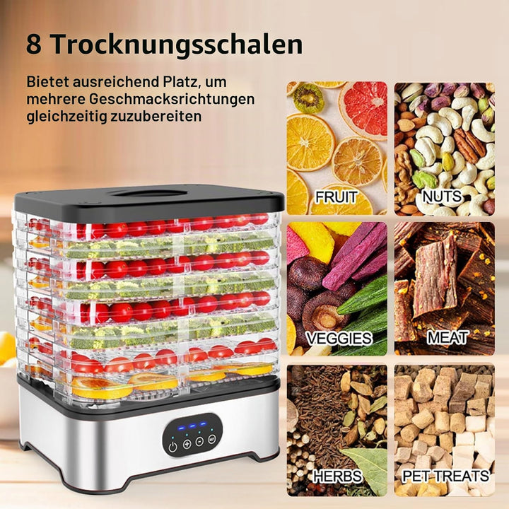 Dörrgerät für Lebensmittel, 8 Etagen, Temperaturkontrolle von 42 °C – 70 °C und Timer für 72 Stunden
