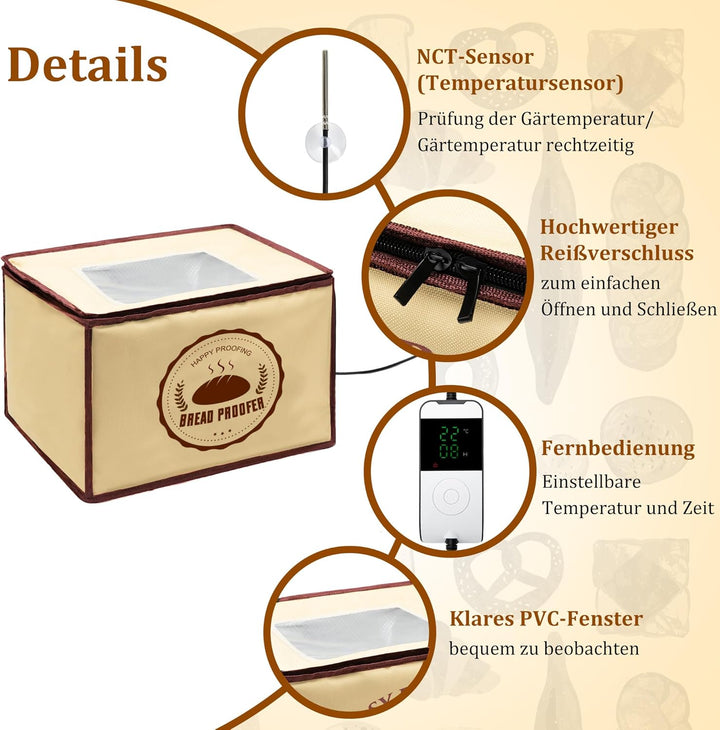 Brot Gärbox Sauerteig, Gärbox mit heizung für Brotteig Teiggärbox mit thermostat für Hobbybäcker, Fa