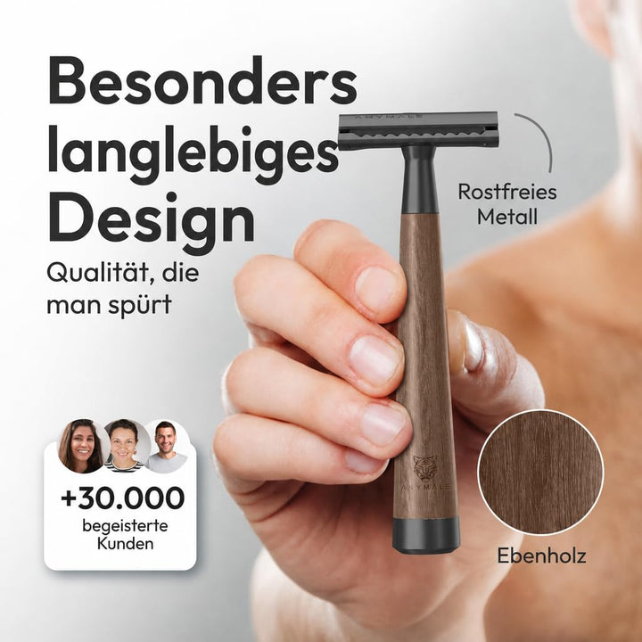 ANYMALE® Rasierhobel aus Walnussholz - Set mit Ständer und 5 ASTRA Klingen - Zero Waste Rasierer für