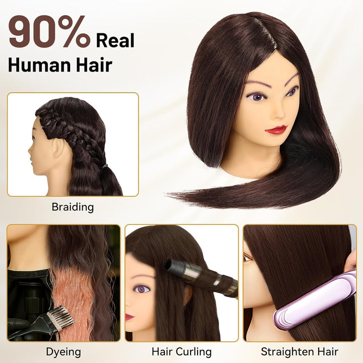 ekavo Friseurkopf mit Stativ, Trainingsköpfe mit 90% Echthaar 58CM, Schaufensterpuppe zum Frisieren,
