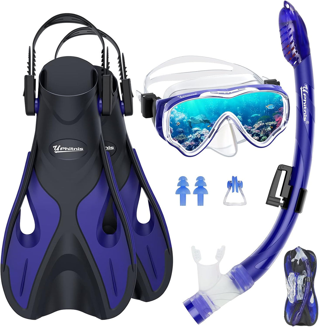 UPhitnis Schnorchelset Kinder mit Flossen,Anti-Fog 180°Panorama Taucherbrille Kinder, Verstellbaren