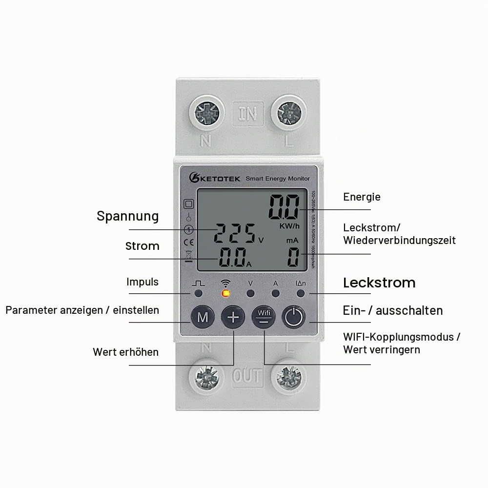 KETOTEK Smart 1 Phasig Stromzähler Hutschiene Digitale LCD Energiezähler KWh Zähler WLAN Fernbedienu
