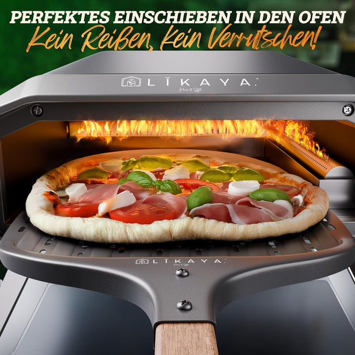 Pizzaschieber [32 x 32 x 62cm] Pizzaschaufel aus schwarzem Aluminium & Griff aus FSC-Akazienholz – K