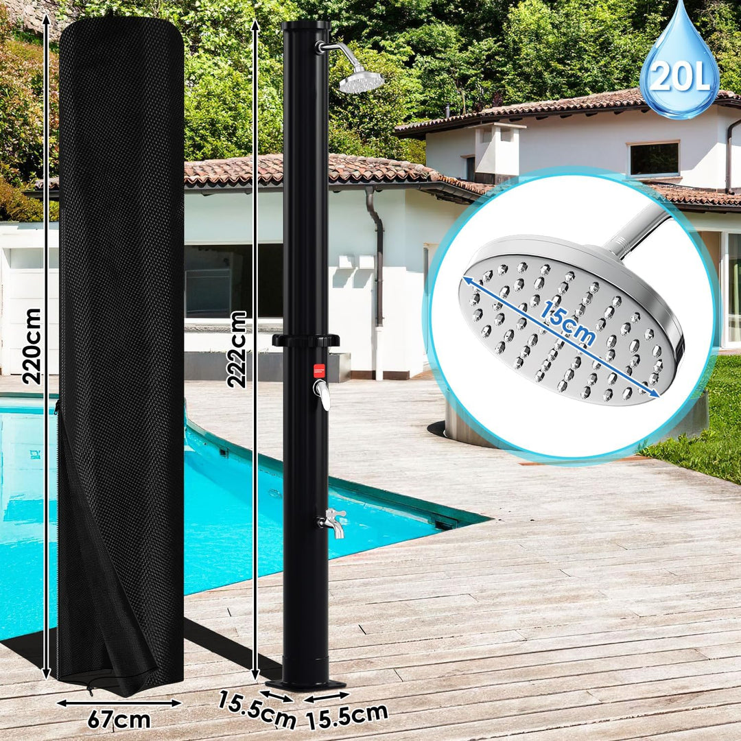 Solardusche 20L Solar Gartendusche mit 360°Regenduschkopf und Wasserhahn, Warmes Wasser Max. 60℃, oh