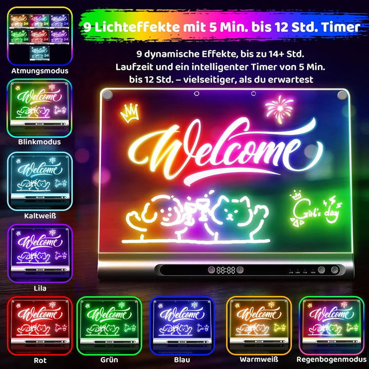 LED-Zeichenbrett Wiederaufladbares 41 cm, 9 Lichtmodi mit Timer, Neon-Trockenlöschtafel mit Ständer,