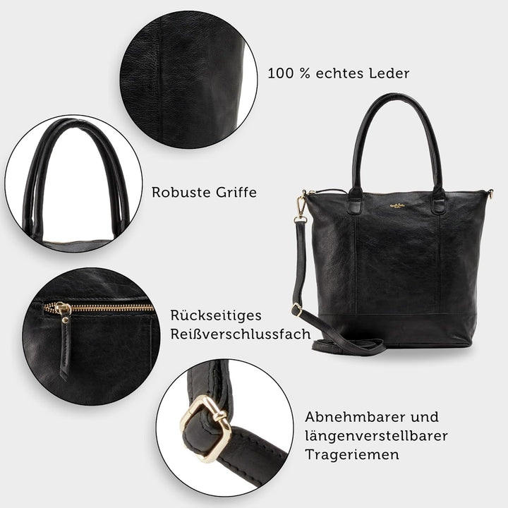 Gusti Shopper Leder - Mia Handtasche Damen Arbeitstasche Schwarz, Schwarz