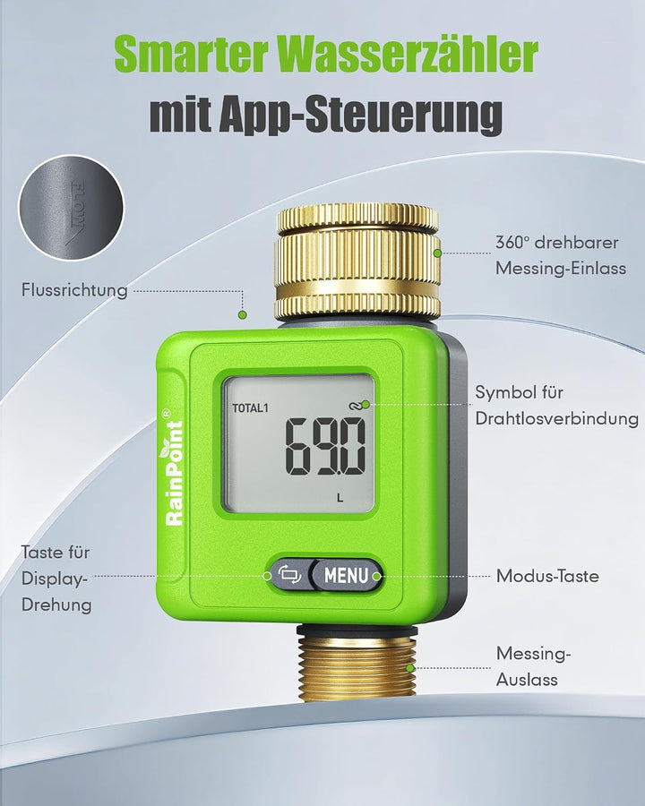 Rainpoint Smarter Bluetooth Wasserzähler mit Doppel-Messinganschlüssen, Wohnmobil Wassertank-Monitor