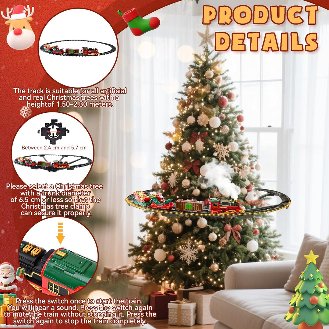 Weihnachtsbaum Zug, Klassisches Weihnachtszug-Set für Kinder mit Warmweiss LED-Lichterkette, Spray u