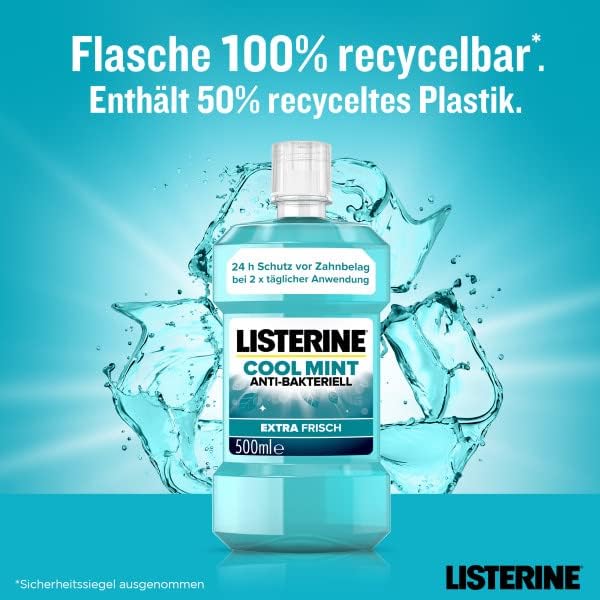 LISTERINE Cool Mint (500 ml), antibakterielle Mundspülung mit ätherischen Ölen & Minzgeschmack, Mund