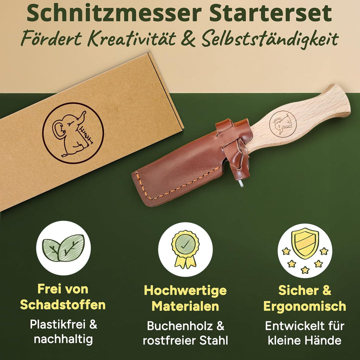 Eli® Schnitzmesser für Kinder mit Schnitzholz und Klingenschutz aus Leder ab 6 Jahre - hochwertiges