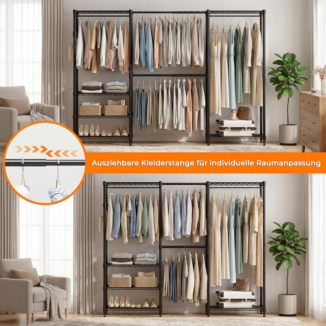 Himimi Teleskop-Kleiderständer Stabil, Offener Kleiderschrank System mit 4 Kleiderstangen & 6 Höhenv