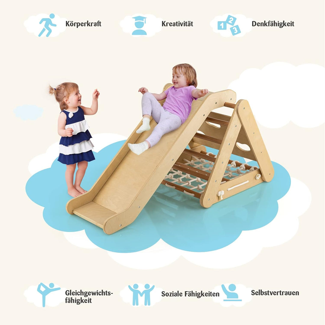 COSTWAY 4 in 1 Kletterdreieck mit Rutsche, Klettergerüst aus Holz, Sprossendreieck zum Rutschen und