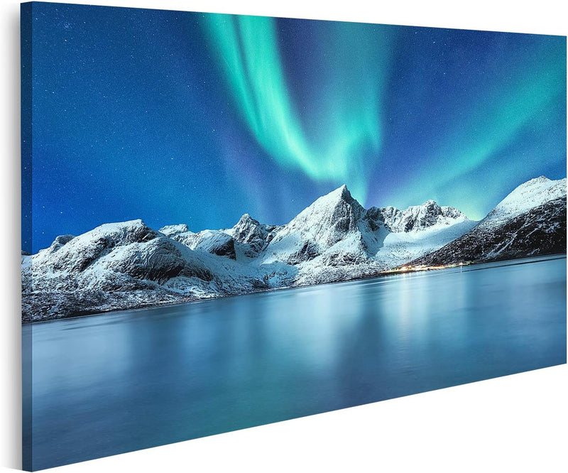 islandburner Bild auf Leinwand Aurora Borealis Lofoten Inseln Norwegen Nordlichter Berge Reflexion W