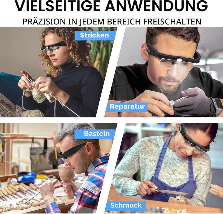 Lupenbrille mit Licht, 1,5-fache bis 5-fache Lupe mit 4 abnehmbaren Gläsern, freihändige, wiederaufl