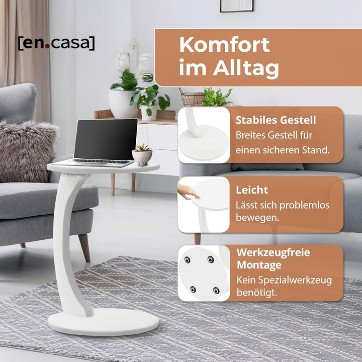 [en.casa] Beistelltisch Holeby Betttisch auf Rollen Laptoptisch Weiss Wohnzimmertisch C-Form Rolltis