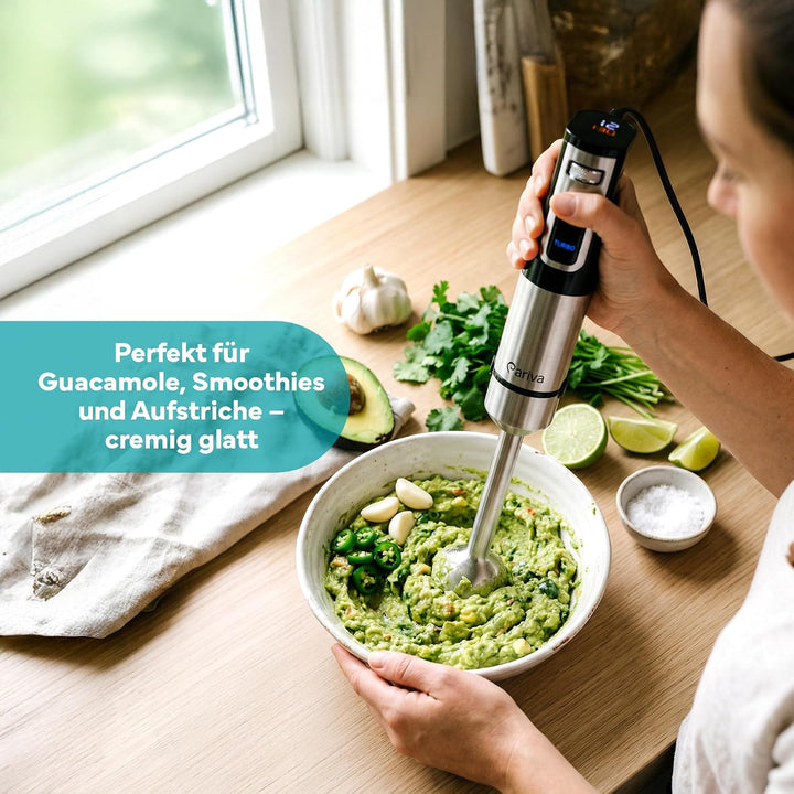 ARIVA Stabmixer 1200W Edelstahl – Handmixer mit LED-Display & Timer, Titan-beschichtete Klingen, 12