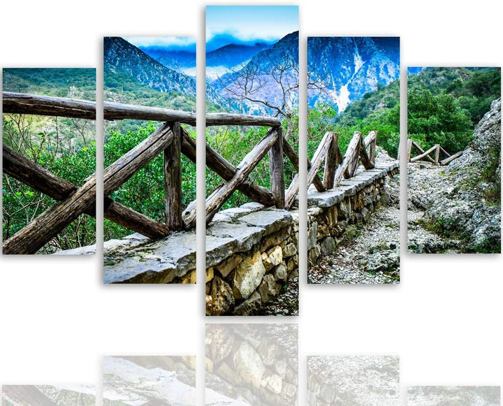 Feeby Bild auf Leinwand Landschaft 5 Teilig Modern Natur Berge Wanderweg grün 150x100 cm Leinwandbil