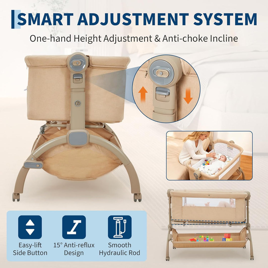 GarveeTech Beistellbett Baby höhenverstellbar mit Matratze, Mesh-Seiten, Wiegefunktion, Rollen mit B