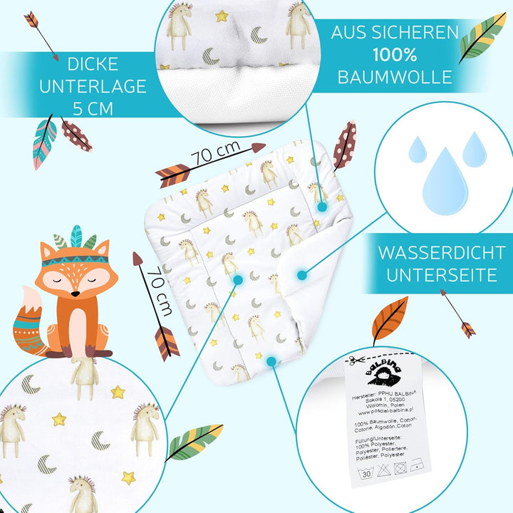 Balbina® Wickelunterlage aus Baumwolle weiche Wickeltischauflage für Wickelkommoden waschbar 70x70 I