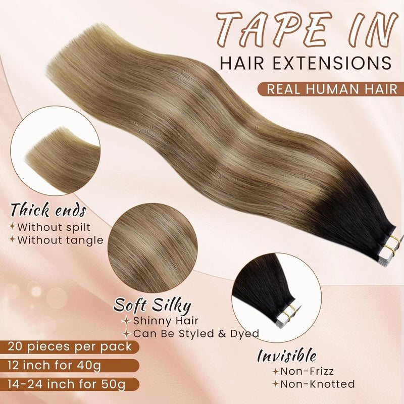 Hetto Extensions Echthaar Tape in Balayage Haarverlangerung Ombre Schwarz Braun Tape Extensions Echt