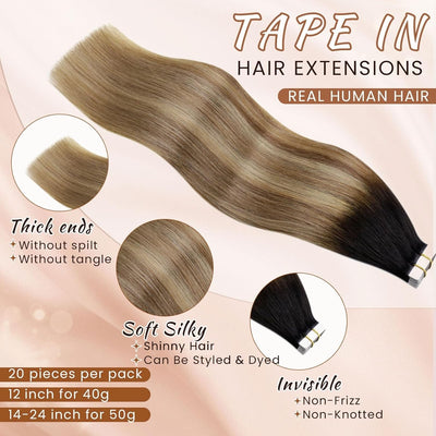Hetto Tape in Extensions Echthaar Balayage Tape in Haarverlangerung Schwarz Ombre Braun Balayage Kar