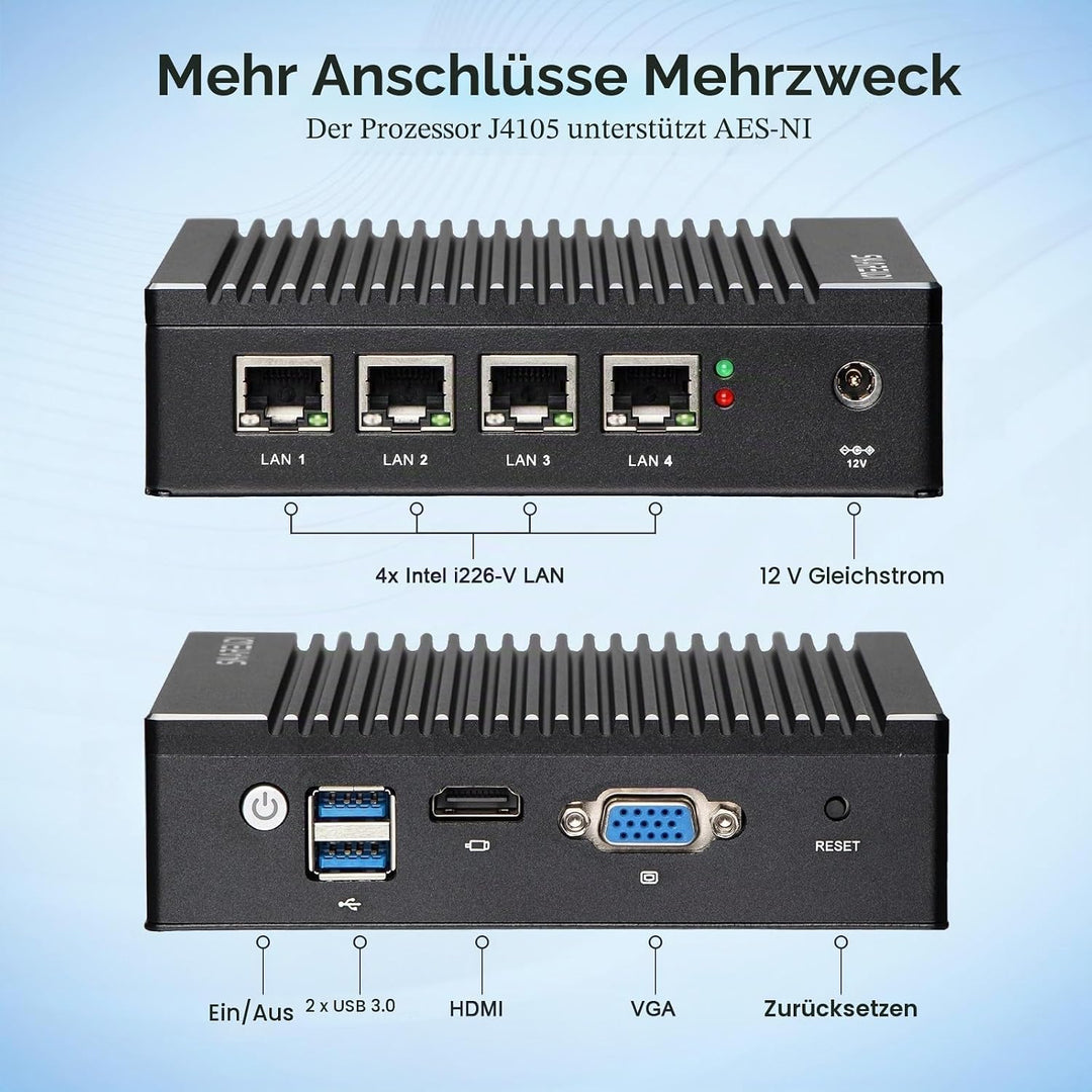 Fanless Firewall Micro Appliance, Intel J4105 I226 LAN Ports, Intel Graphics Mini PC, AES NI, Kompat