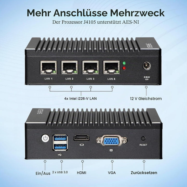 Fanless Firewall Micro Appliance, Intel J4105 I226 LAN Ports, Intel Graphics Mini PC, AES NI, Kompat