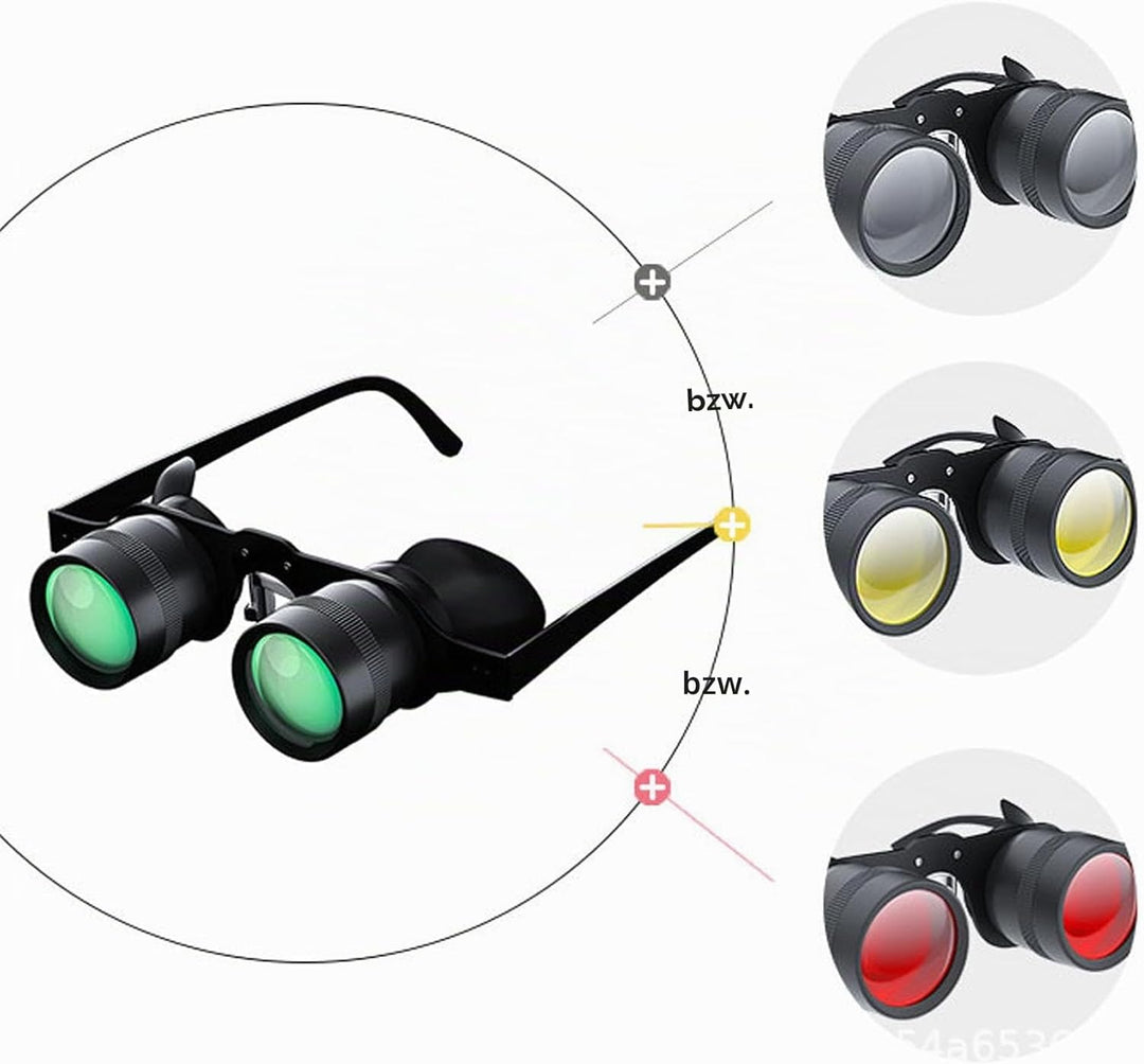 Freihändige Fernglasbrille, Optisches Glas mit 10-fachem Zoom und 3 Farbfiltern, Opernglas für Angel
