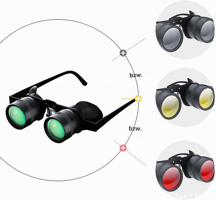 Freihändige Fernglasbrille, Optisches Glas mit 10-fachem Zoom und 3 Farbfiltern, Opernglas für Angel