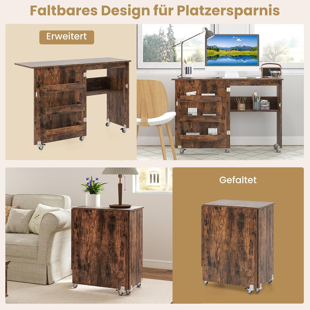 COSTWAY 2 in 1 Nähtisch klappbar, Nähmaschinenschrank aus Holz mit Regalen & Ablagefach, Nähschrank