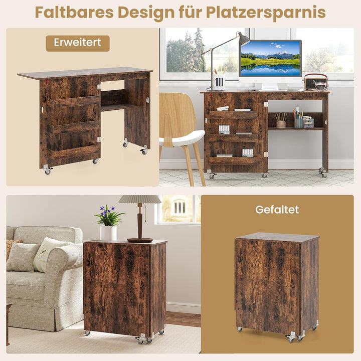COSTWAY 2 in 1 Nähtisch klappbar, Nähmaschinenschrank aus Holz mit Regalen & Ablagefach, Nähschrank